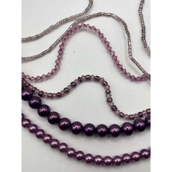 Twisted Multi Strand Purple Beaded Faux Pearl Necklace 17" Statement Jewelry - Picture 6 of 8